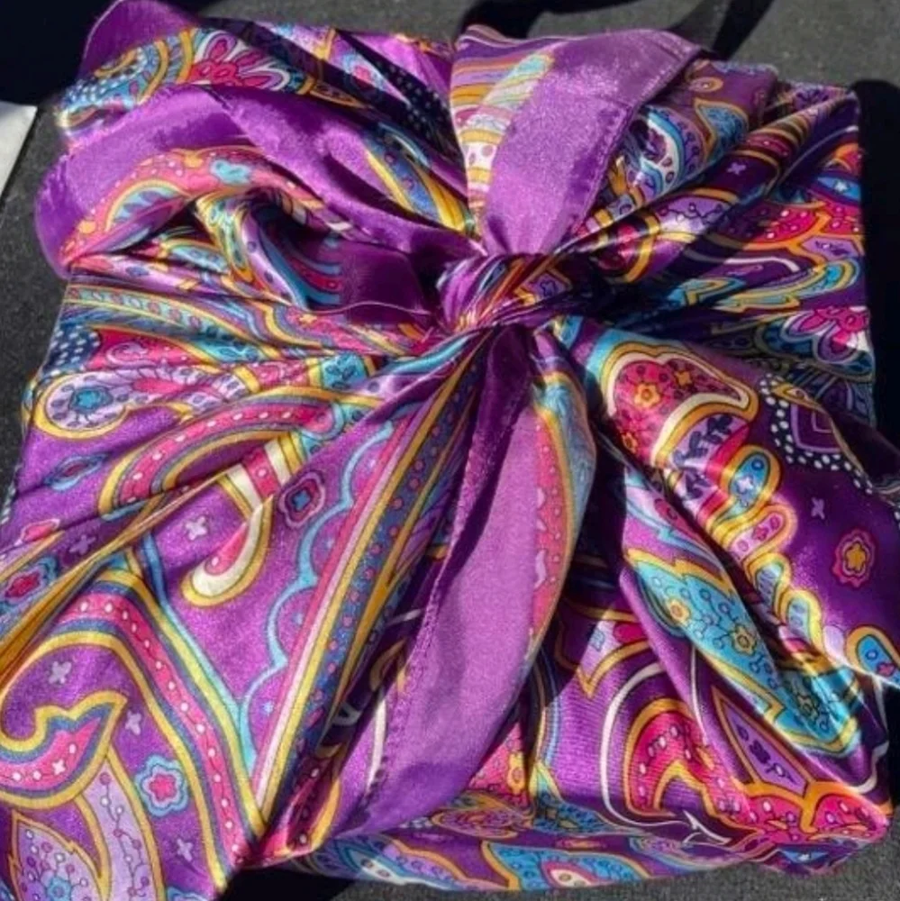 Oversized Satin square Scarf Purple Paisley boho Festival for head neck hair 💖